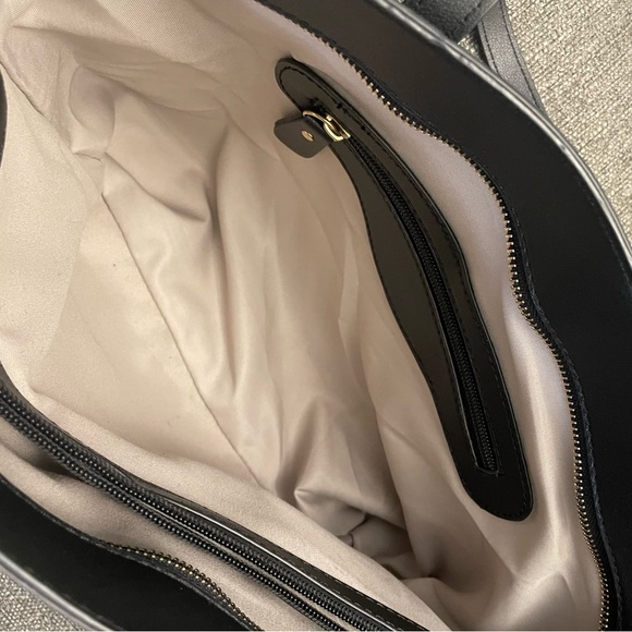 Faux Leather Triple Compartment Tote Bag in black with zippered top closure - Picture 5 of 14